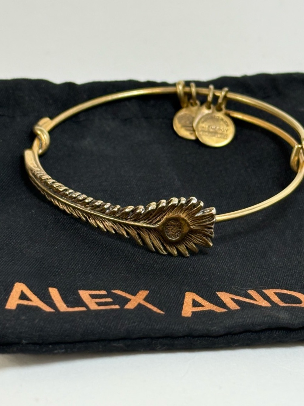 Alex and Ani Gold Copper Tone Peacock Feather Bangle Bracelet with Pouch